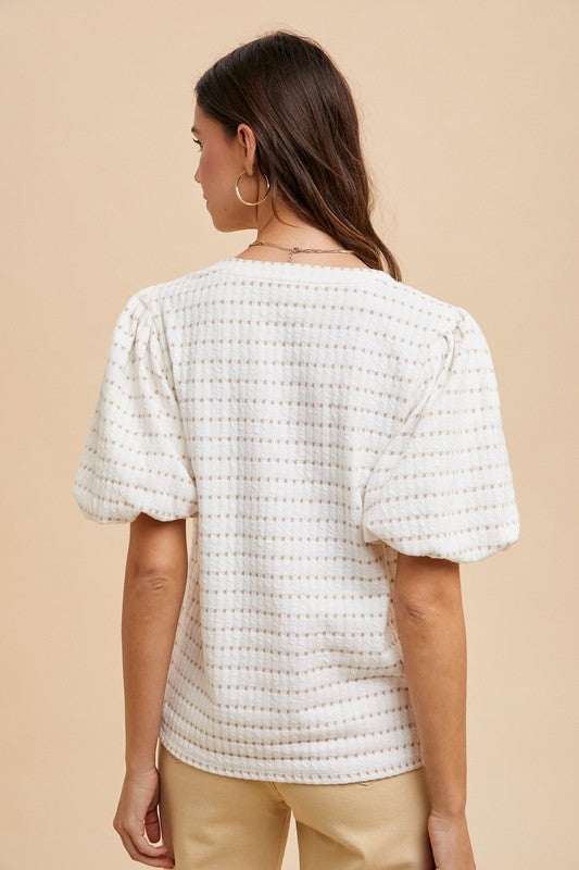 Tanya Textured Puff Sleeve Top in Taupe and Ivory (Ships March 10th)