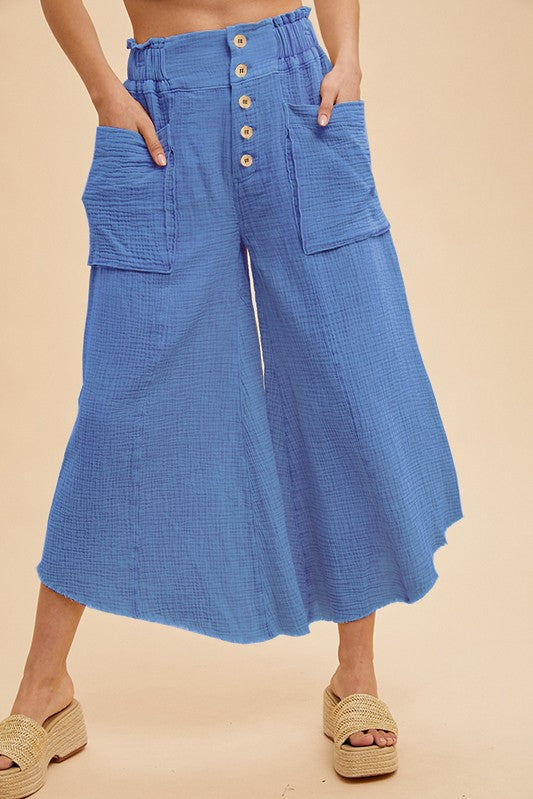 Cailey Raw Edge Hem Pants in Blue