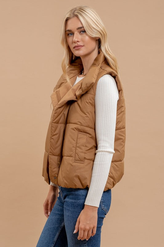 Solid Zip Up Puff Vest in Brown