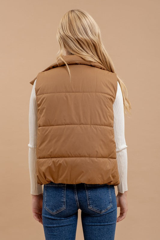 Solid Zip Up Puff Vest in Brown