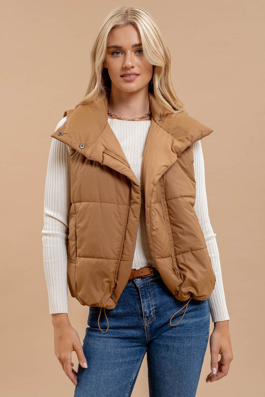 Solid Zip Up Puff Vest in Brown