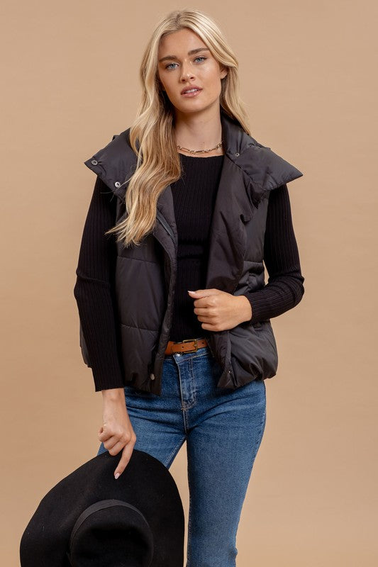 Solid Zip Up Puff Vest in Black