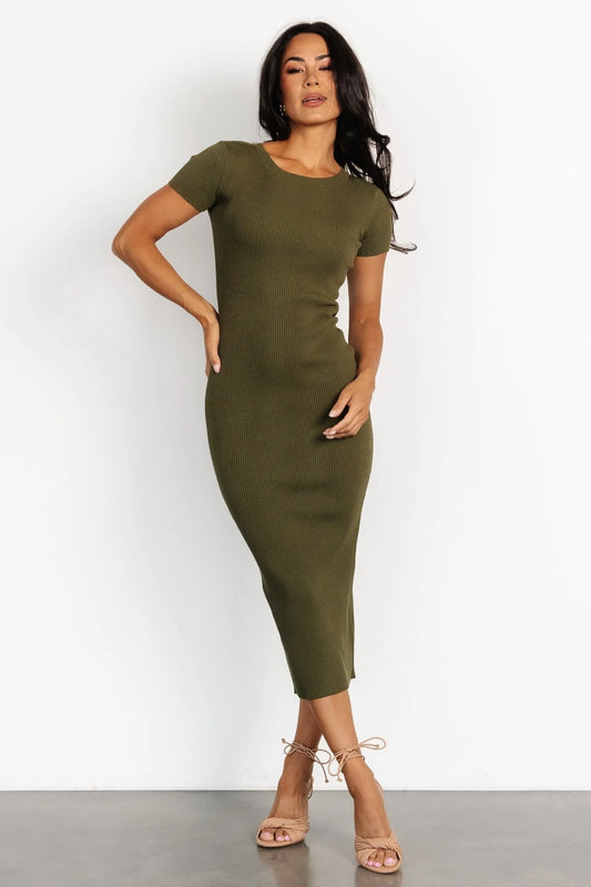 Valerie Ribbed Dress in Olive