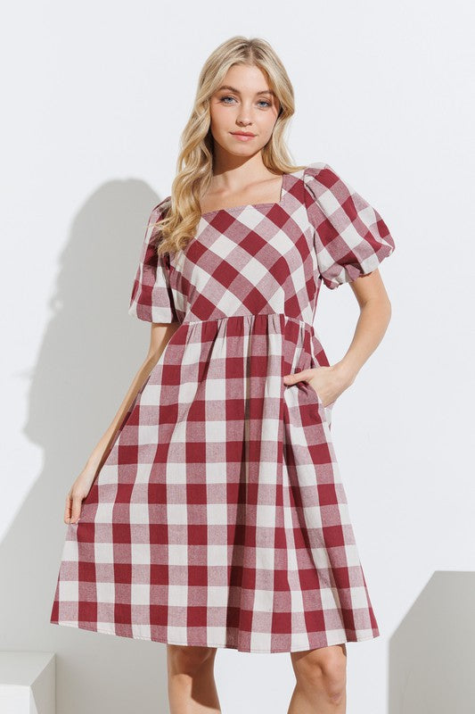 Perry Gingham Dress in Burgundy