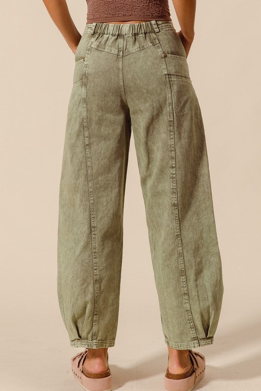 Shay Mineral Wash Barrel Jeans in Khaki, Blue, & Olive