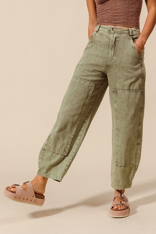 Shay Mineral Wash Barrel Jeans in Khaki, Blue, & Olive