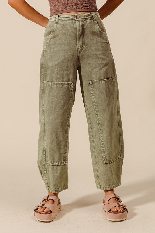 Shay Mineral Wash Barrel Jeans in Khaki, Blue, & Olive