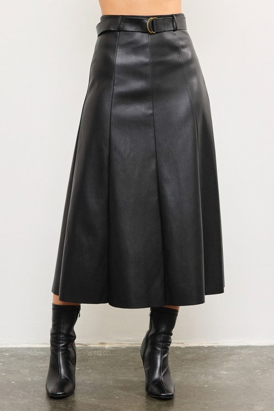 Lilly Leather Belted Skirt in Black