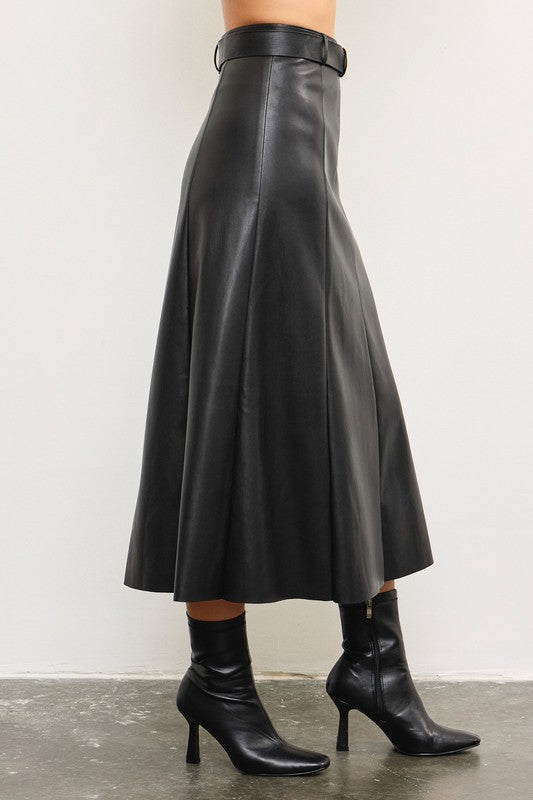 Lilly Leather Belted Skirt in Black