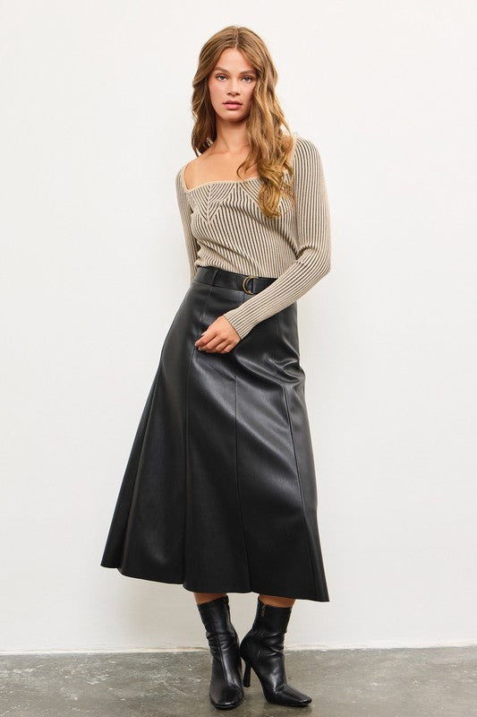 Lilly Leather Belted Skirt in Black