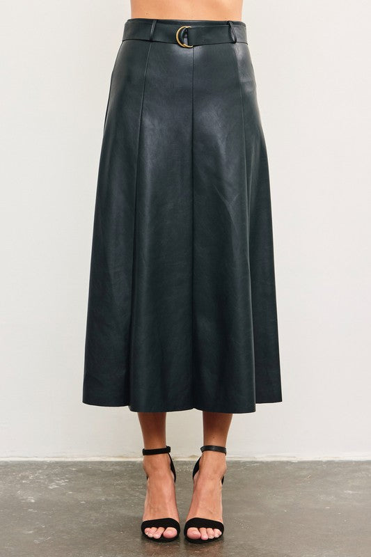 Lilly Leather Belted Skirt in Pine