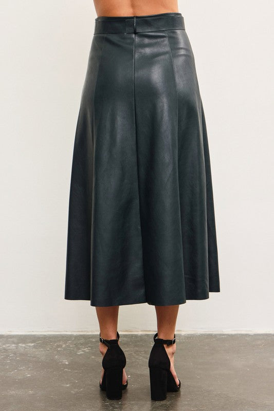 Lilly Leather Belted Skirt in Pine