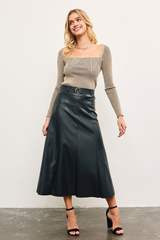 Lilly Leather Belted Skirt in Pine