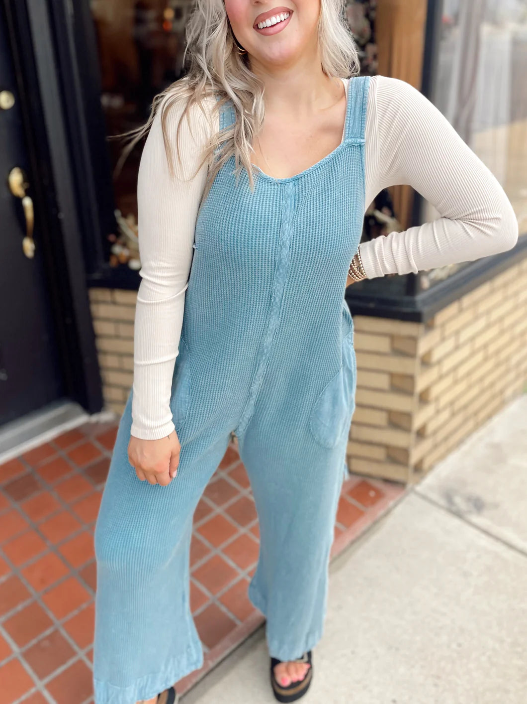 Waffle Knit Jumpsuit in Teal