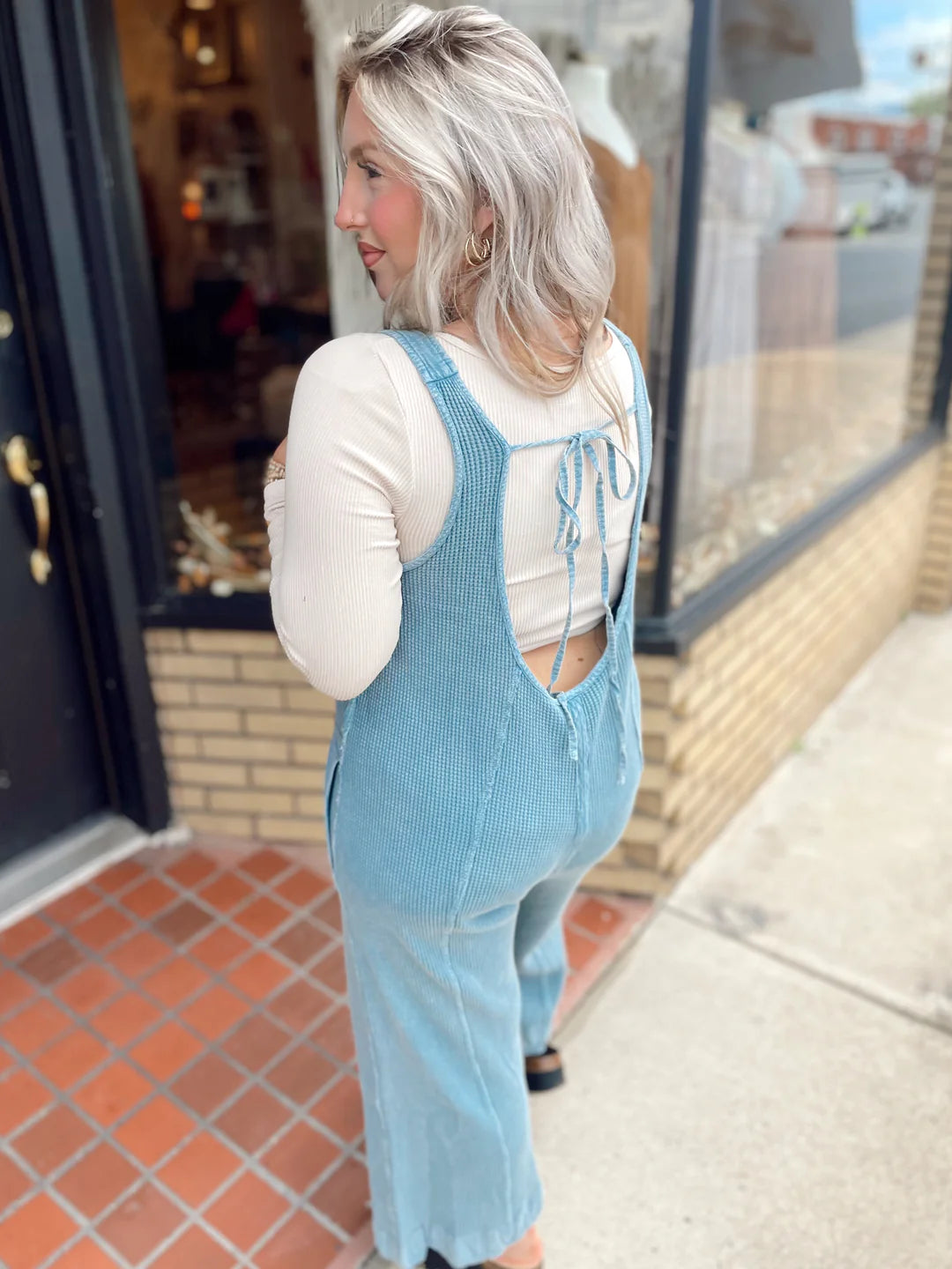 Waffle Knit Jumpsuit in Teal