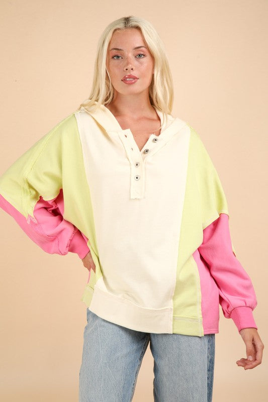 Ellie Exposed Seam Colorblock Top in Pink and Cream