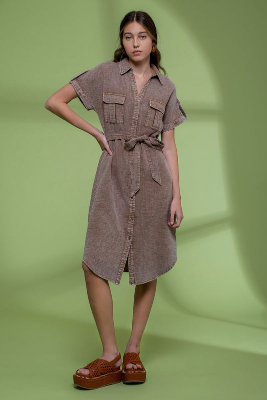 Acid Wash Button Down Dress in Mocha