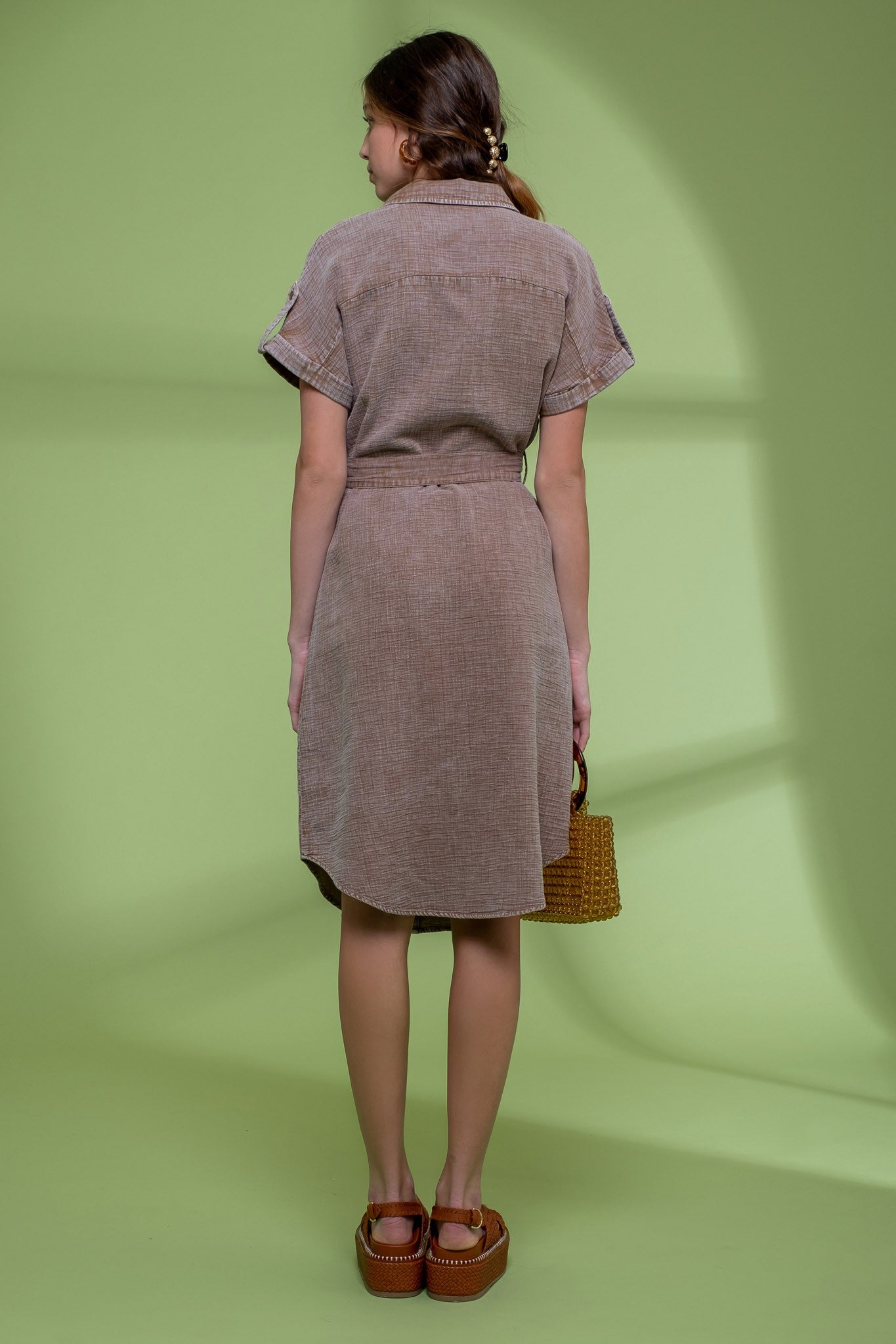 Acid Wash Button Down Dress in Mocha