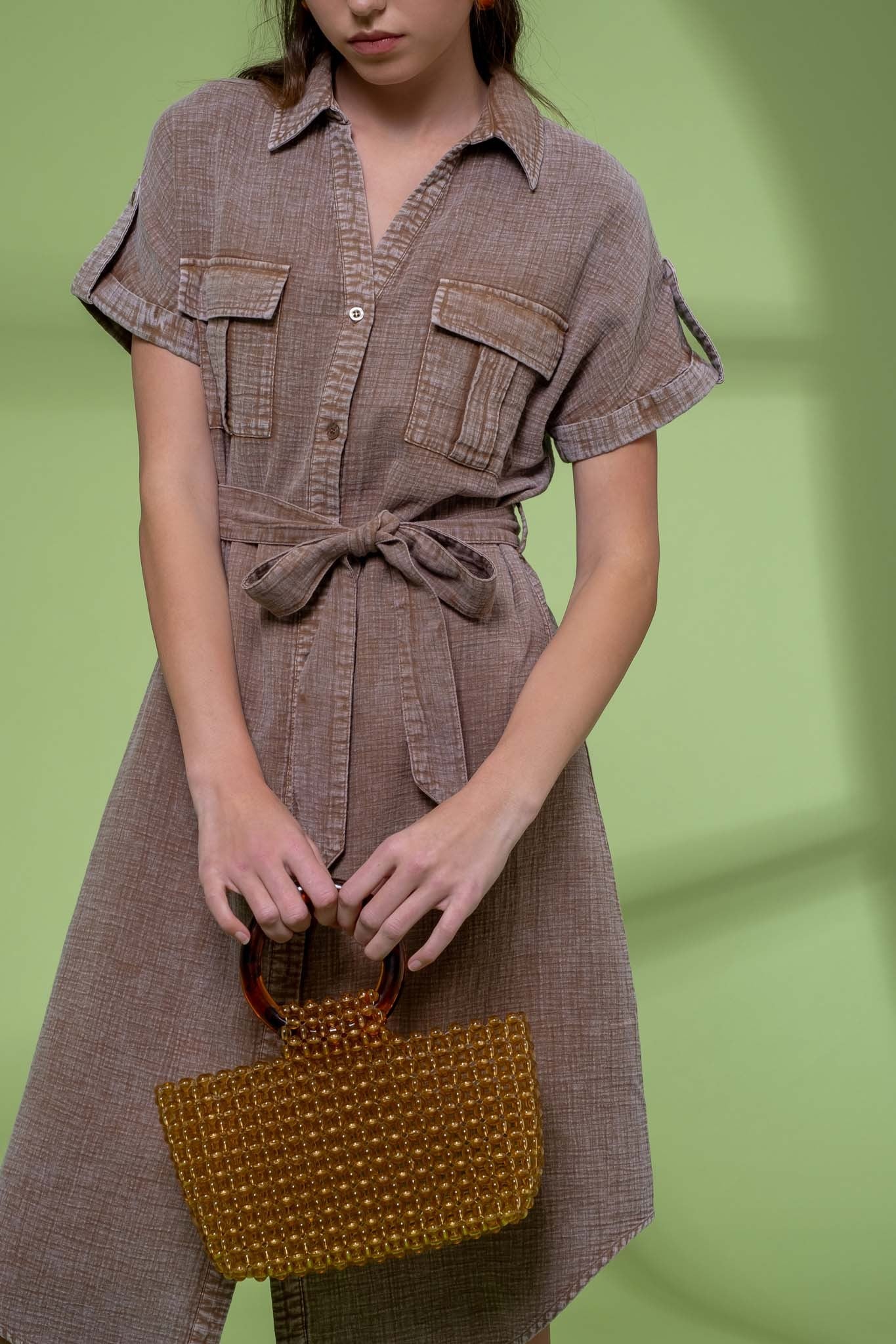 Acid Wash Button Down Dress in Mocha