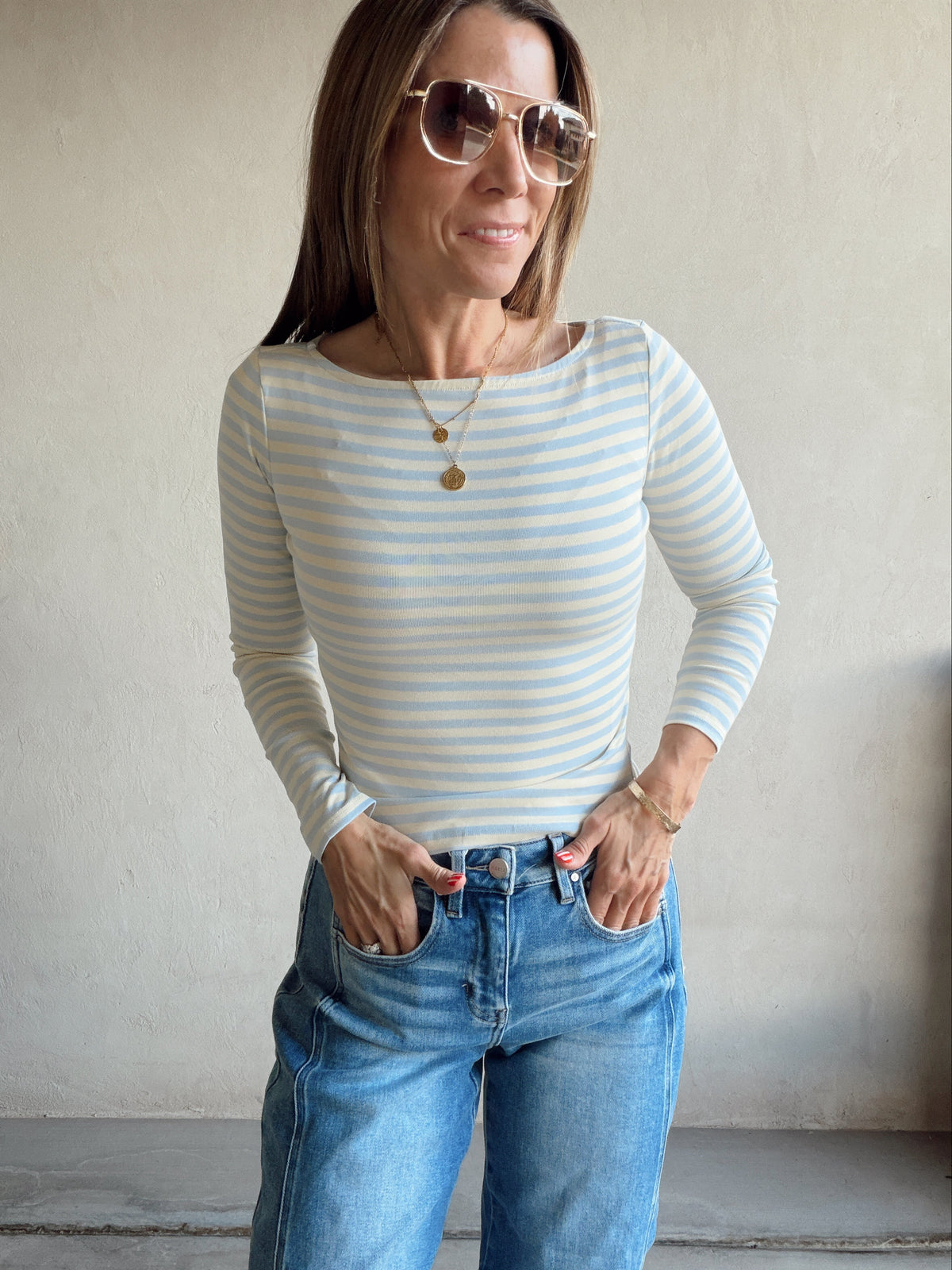 Sheila Striped Boatneck Top in Citron & Blue