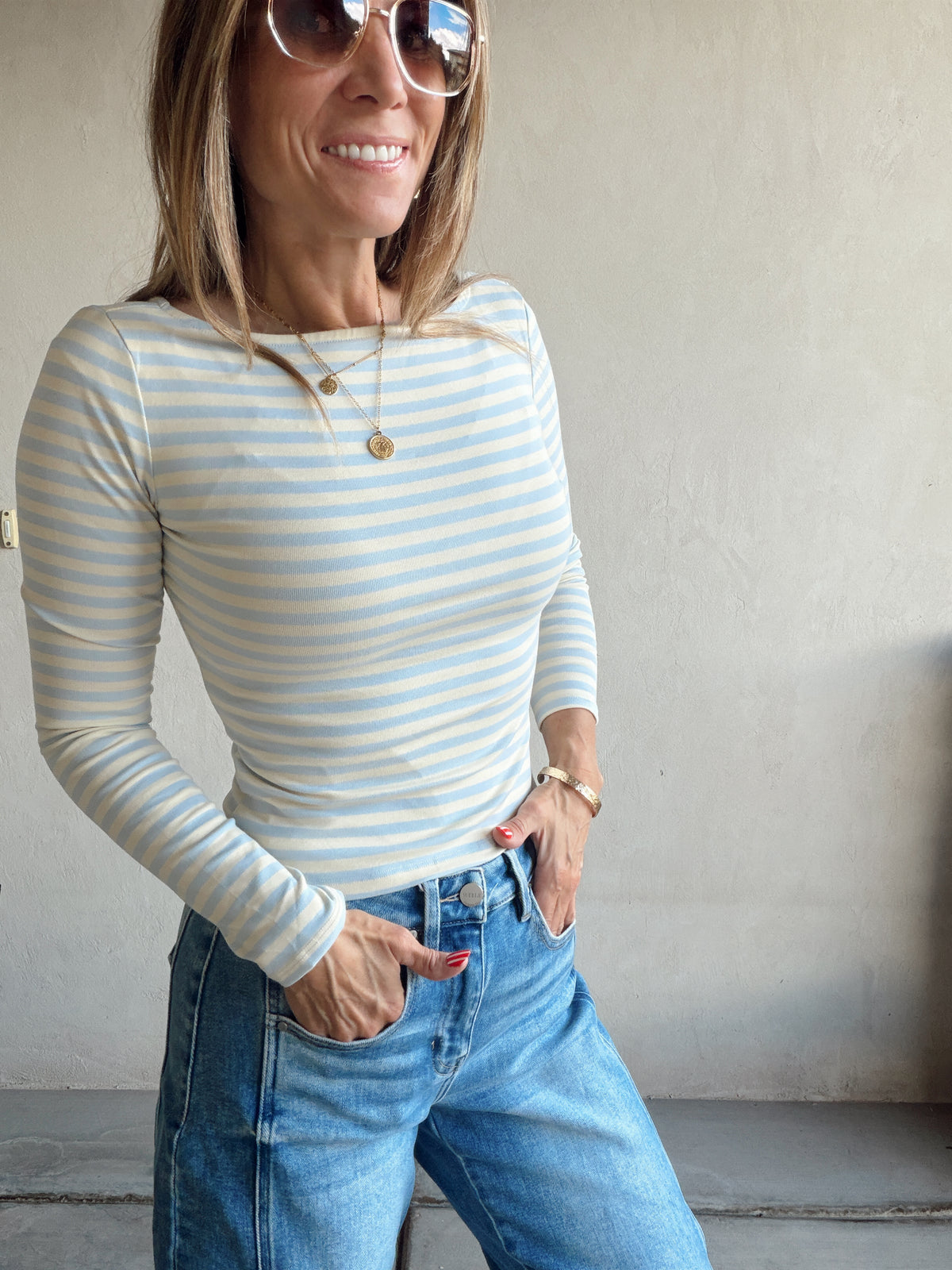Sheila Striped Boatneck Top in Citron & Blue
