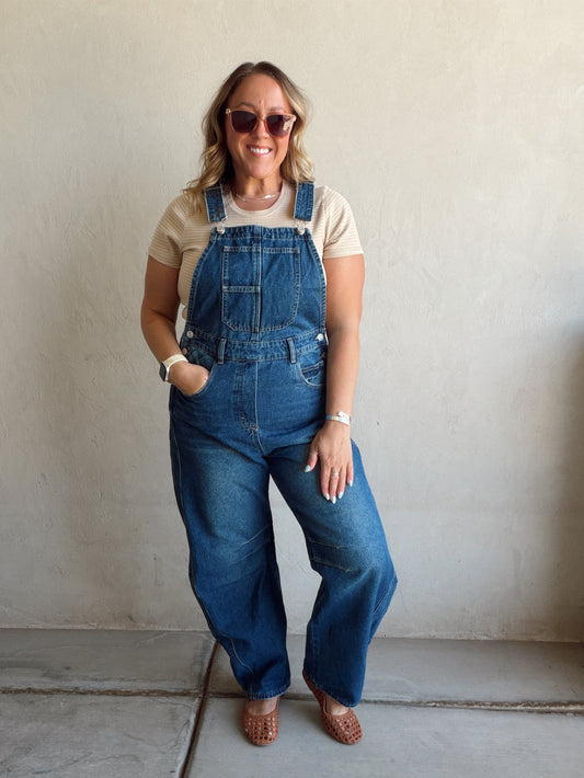 Annalee Denim Barrel Overalls in Dark Wash