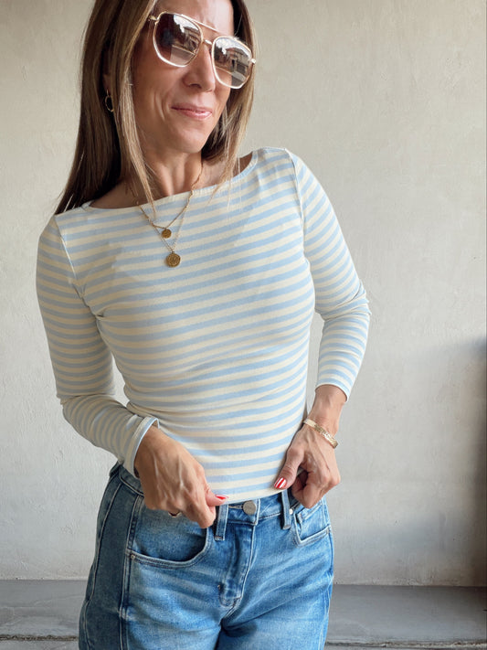 Sheila Striped Boatneck Top in Citron & Blue