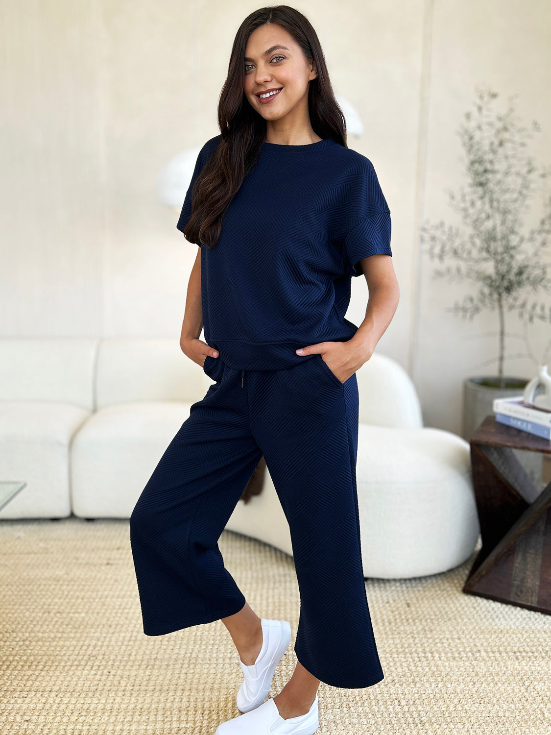 Double Take Textured Short Sleeve Top and Pants Set in 4 Colors (Takes 7-10 days for delivery)