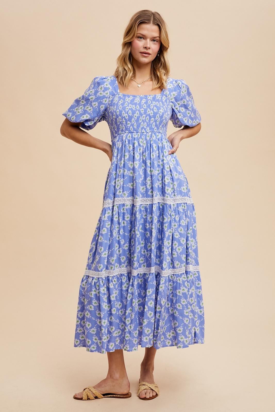 Nina Floral Square Neck Maxi Dress in Blue