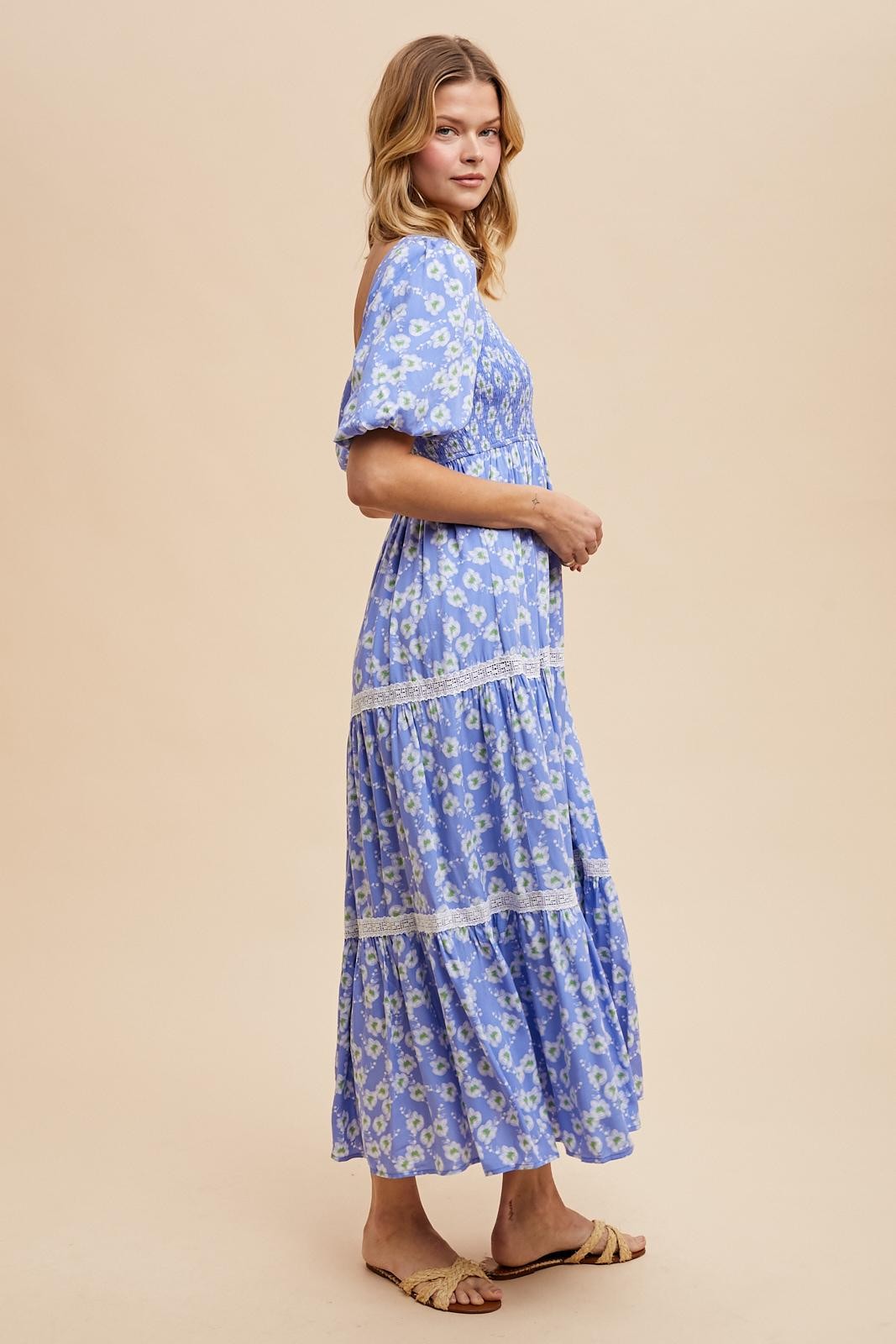 Nina Floral Square Neck Maxi Dress in Blue