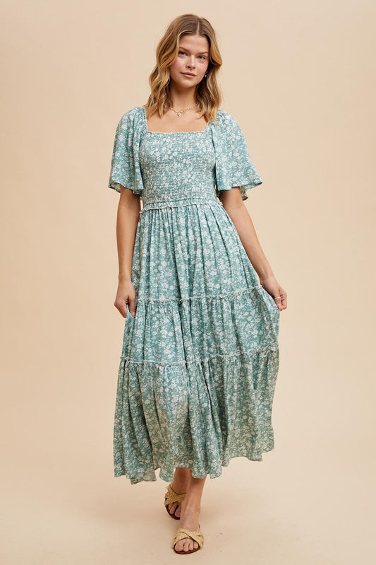 Nellie Square Neck Dress in Green Floral