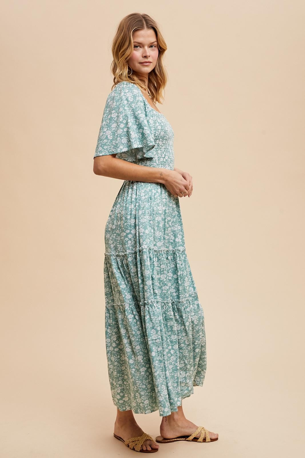 Nellie Square Neck Dress in Green Floral