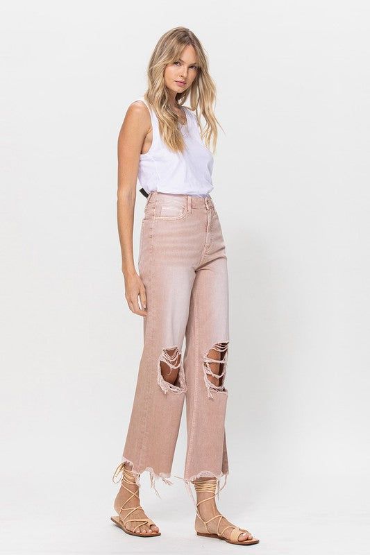 90's Vintage Crop Flare Jeans in Dusty Pink