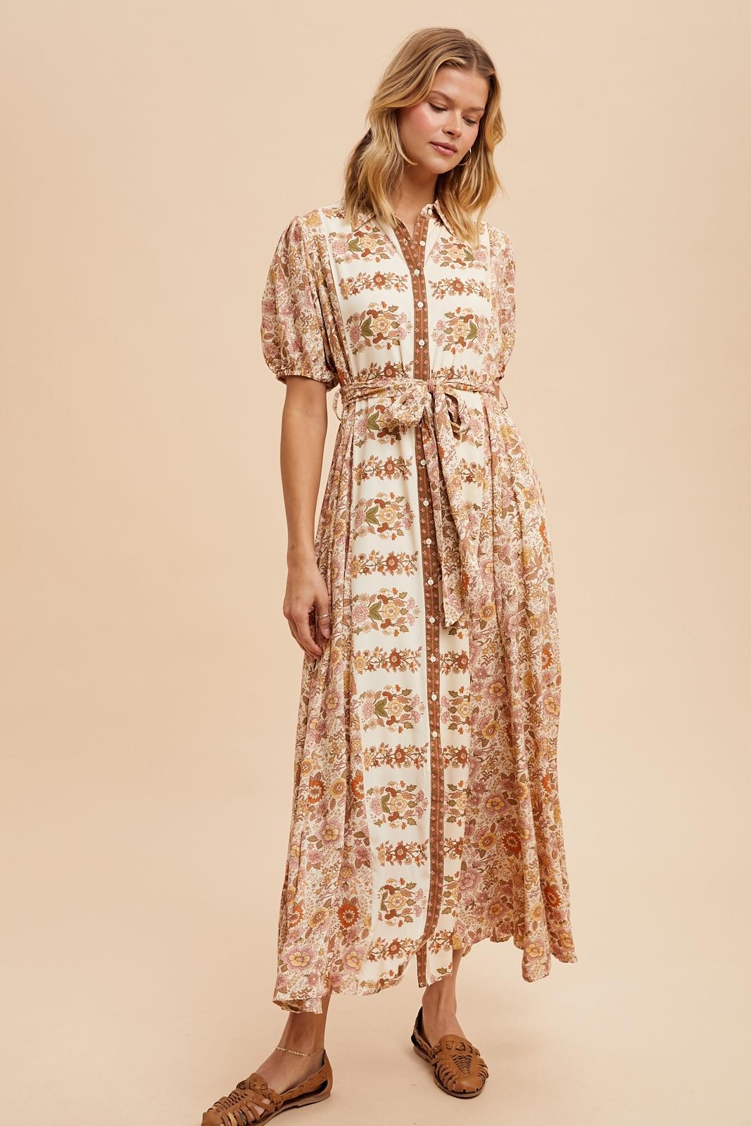 Cassidy Border Print Dress in Vintage Cream