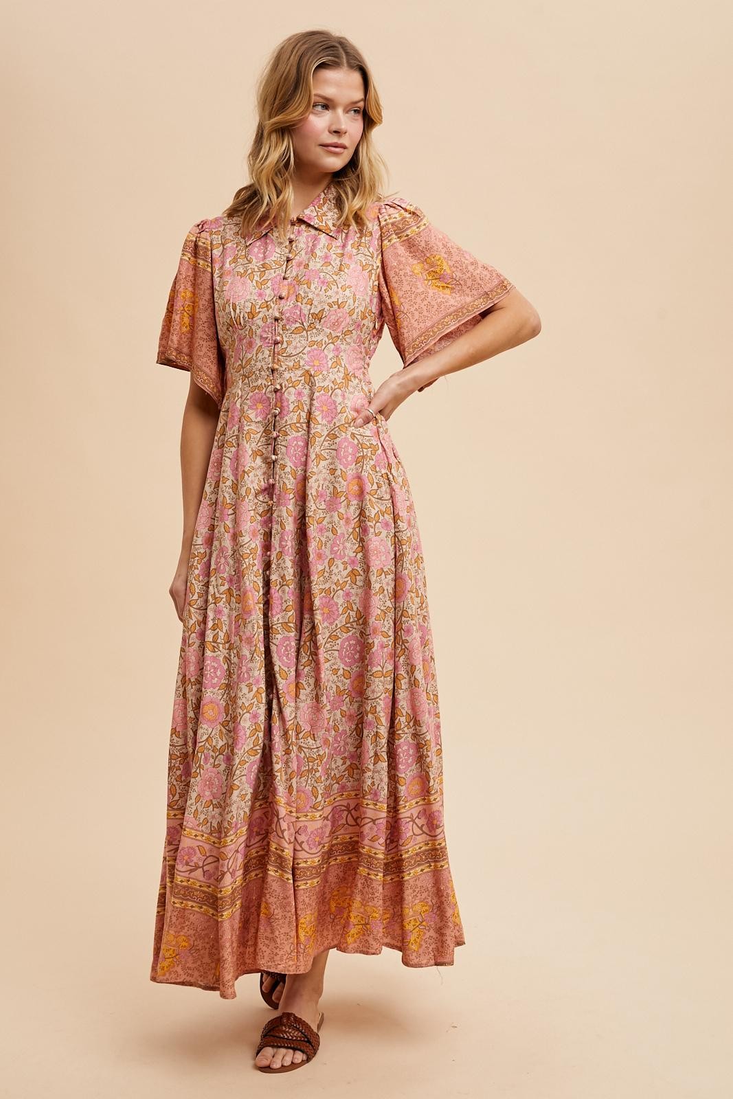 Cassie Border Print Dress in Natural Rose