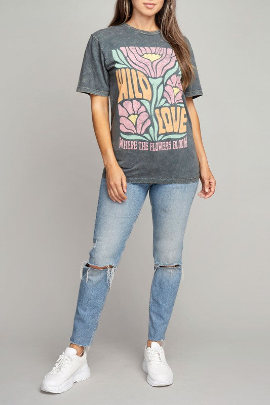 Wild Love Where The Flowers Bloom Tee in Stone Gray Mineral Wash