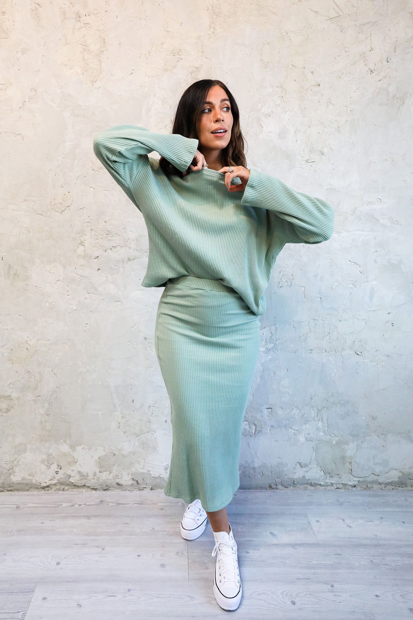 Ribbed Skirt and Top in Sage (Sold Separately)