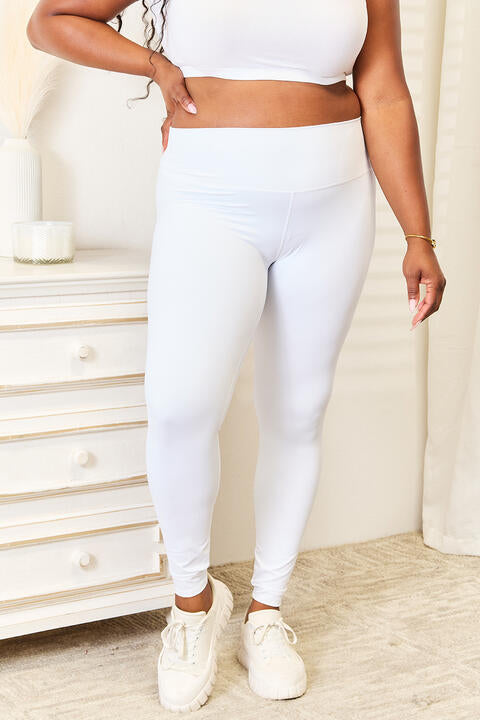 Double Take Wide Waistband Sports Leggings in White and Black