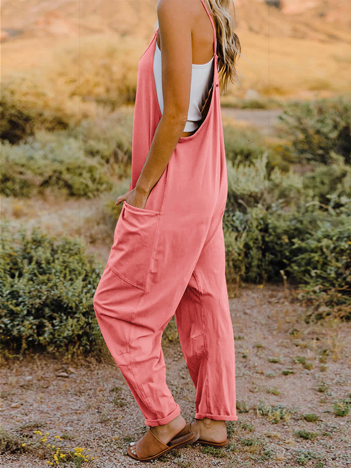 Vanessa V-Neck Sleeveless Jumpsuit with Pockets in Coral and Banana
