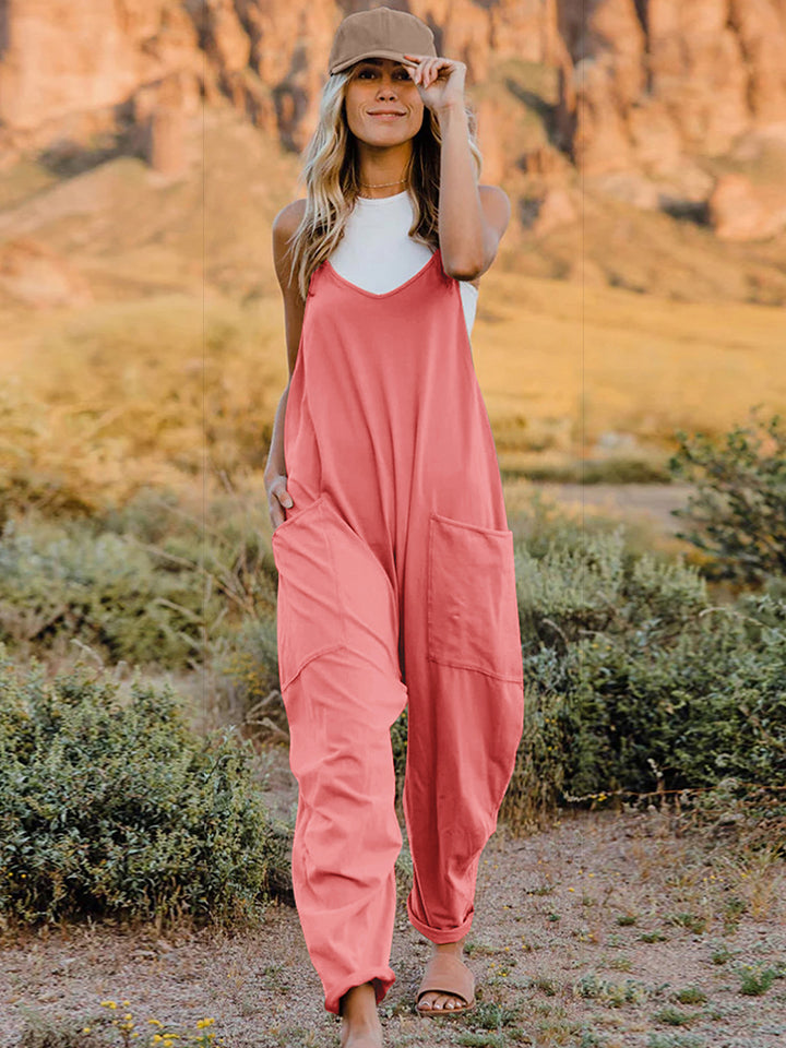 Vanessa V-Neck Sleeveless Jumpsuit with Pockets in Coral and Banana